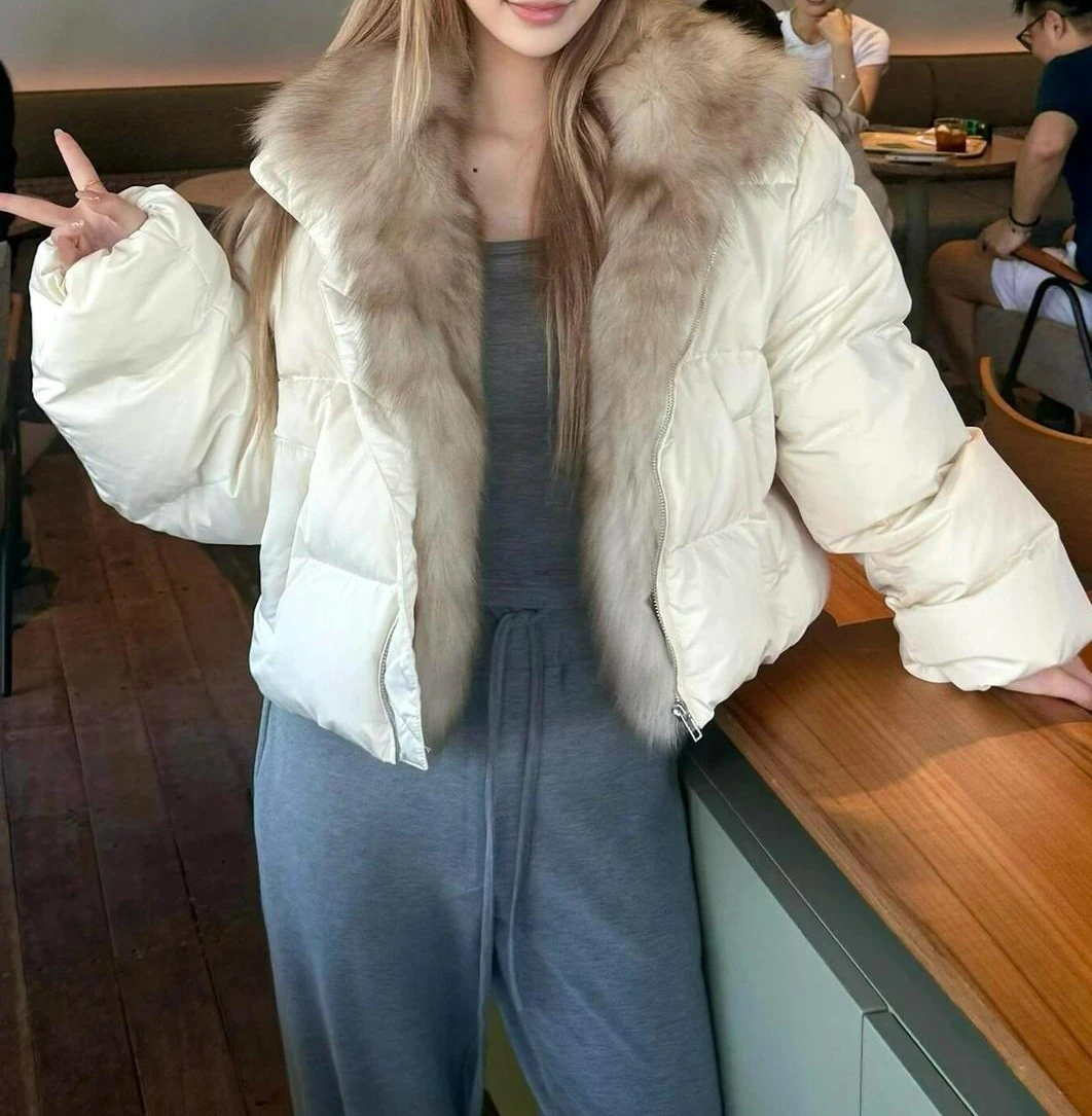 سترة منتفخة قصيرة مع ياقة كبيرة من الفرو للنساء 2025 شتاء دافئ سميك عالي الجودة متعدد الاستخدامات سترة منتفخة غير رسمية