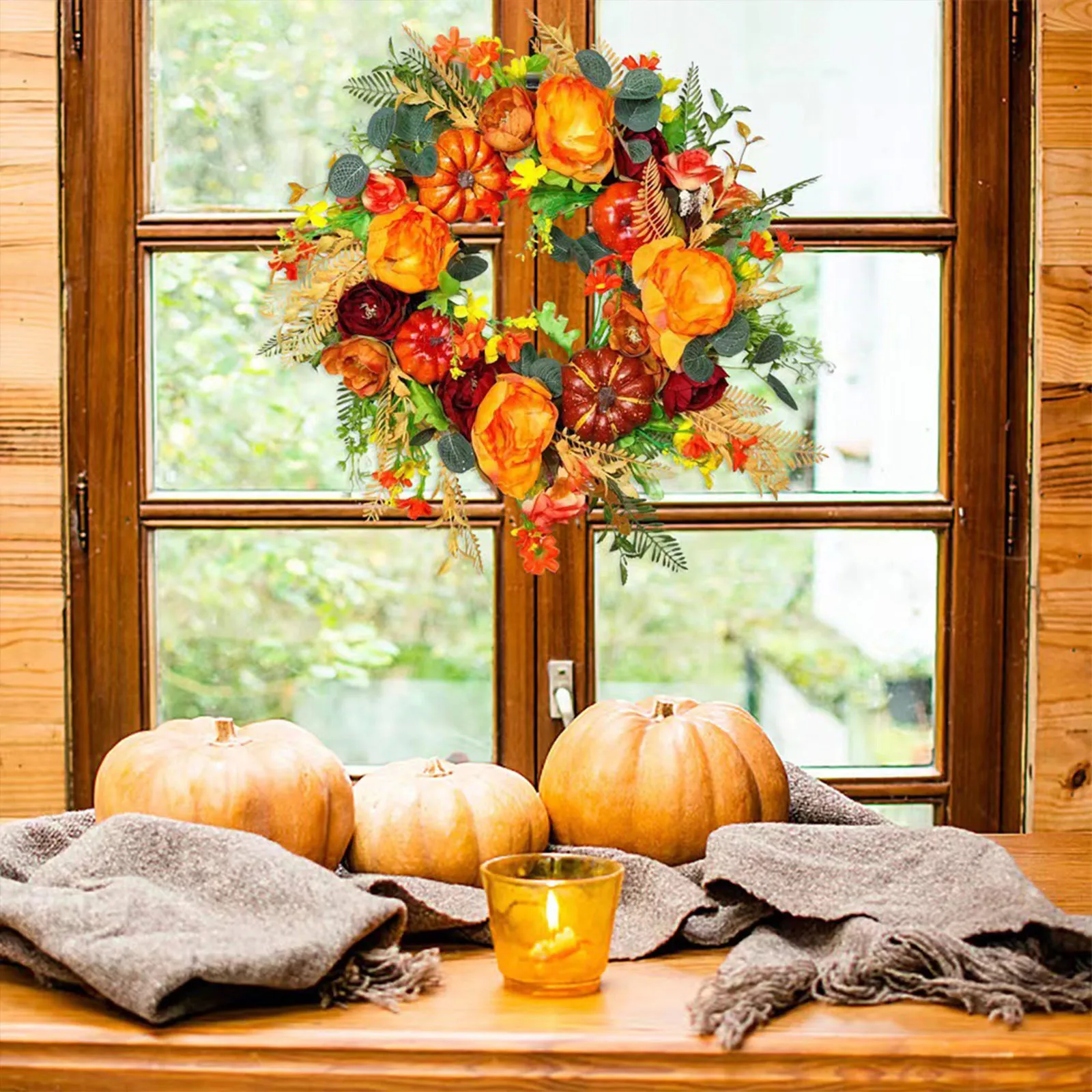 

Artificial Autumn Wreath Front Door Decor Pumpkin Rose Berry Branches Mixed Leaves Thanksgiving Wreath Halloween Indoor Outdoor