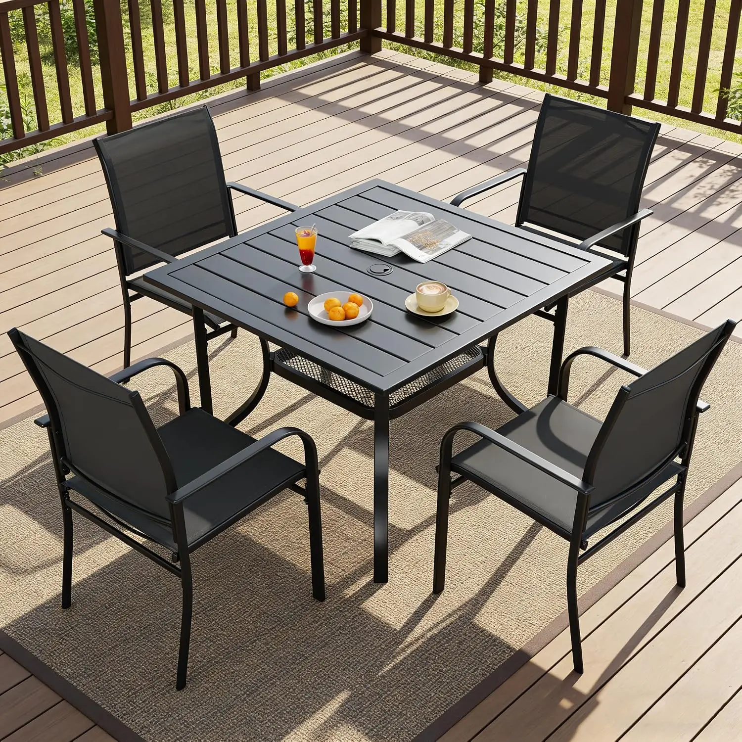 Outdoor Dining Set 5 Pieces with 4 Textilene Chairs & 1 Steel Slat Table for Garden Backyard Poolside, Customized