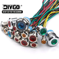6/8/12/16/19/22mm Metal LED Waterproof Indicator Light Signal Lamp With Wire 6V 12V 24V 110V 220V red/yellow/blue/green/white