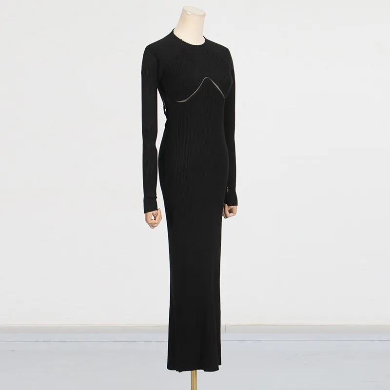 Onecozyday Women's White Ribbed Knit Midi Dress Round Neck Long Sleeve Bodycon Sweater Dress Backless Sexy Party Dresses - view 6