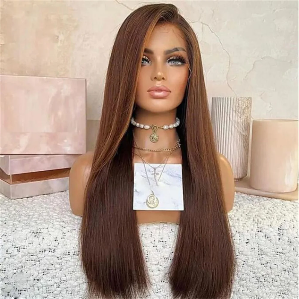 

Long Brown Soft 26inch Straight 5x5 Silk Base Jewish Human Hair Wig With Baby Hair HD Lace European Hair Preplucked