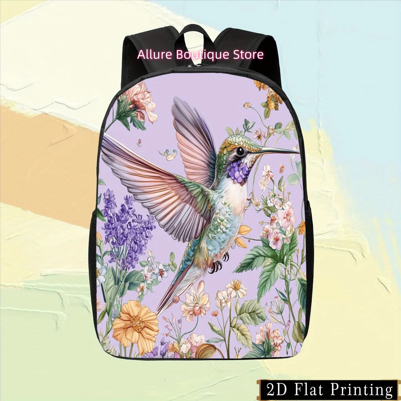 1pc Colorful Single-Sided Print Backpack with Hummingbird Floral Design, Hand-Washable Multi-Functional Zipper Shoulder and Wais