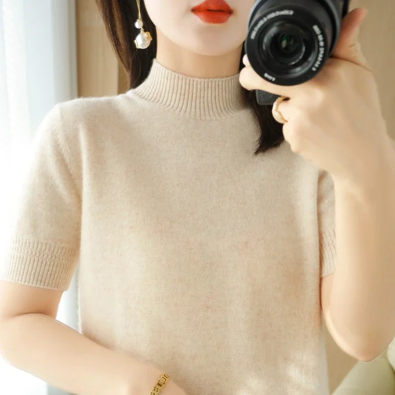 Spring Autumn Women Sweater Casual Warm Bottoming Shirts Mock Neck Basic Knitwear Short Sleeve Pullovers Korean Fashion Jumper