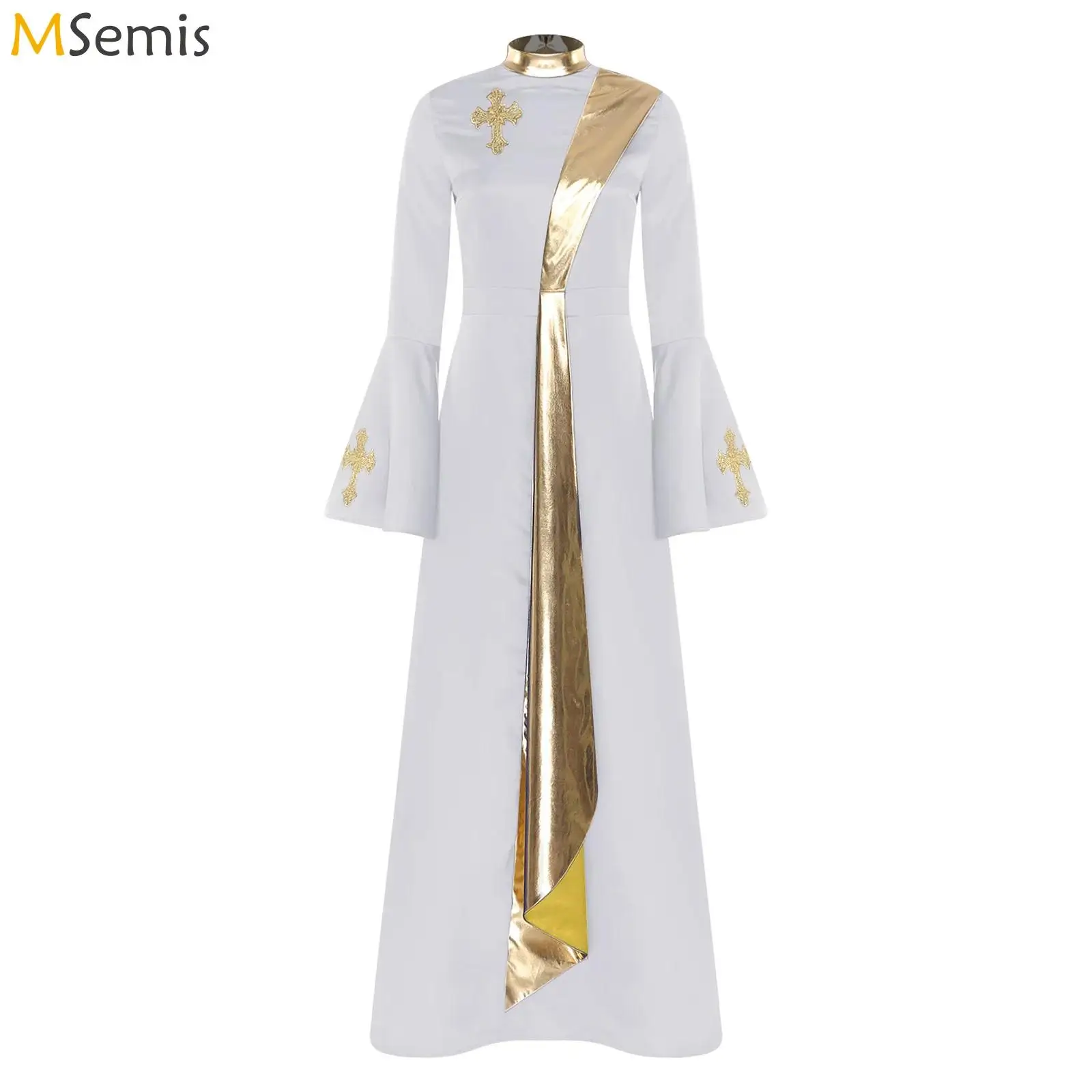 

Womens Church Priest Clergy Robe Metallic Shiny Christian Tunic Choir Dress with Flared Cuffs Cassock Halloween Cosplay Costume