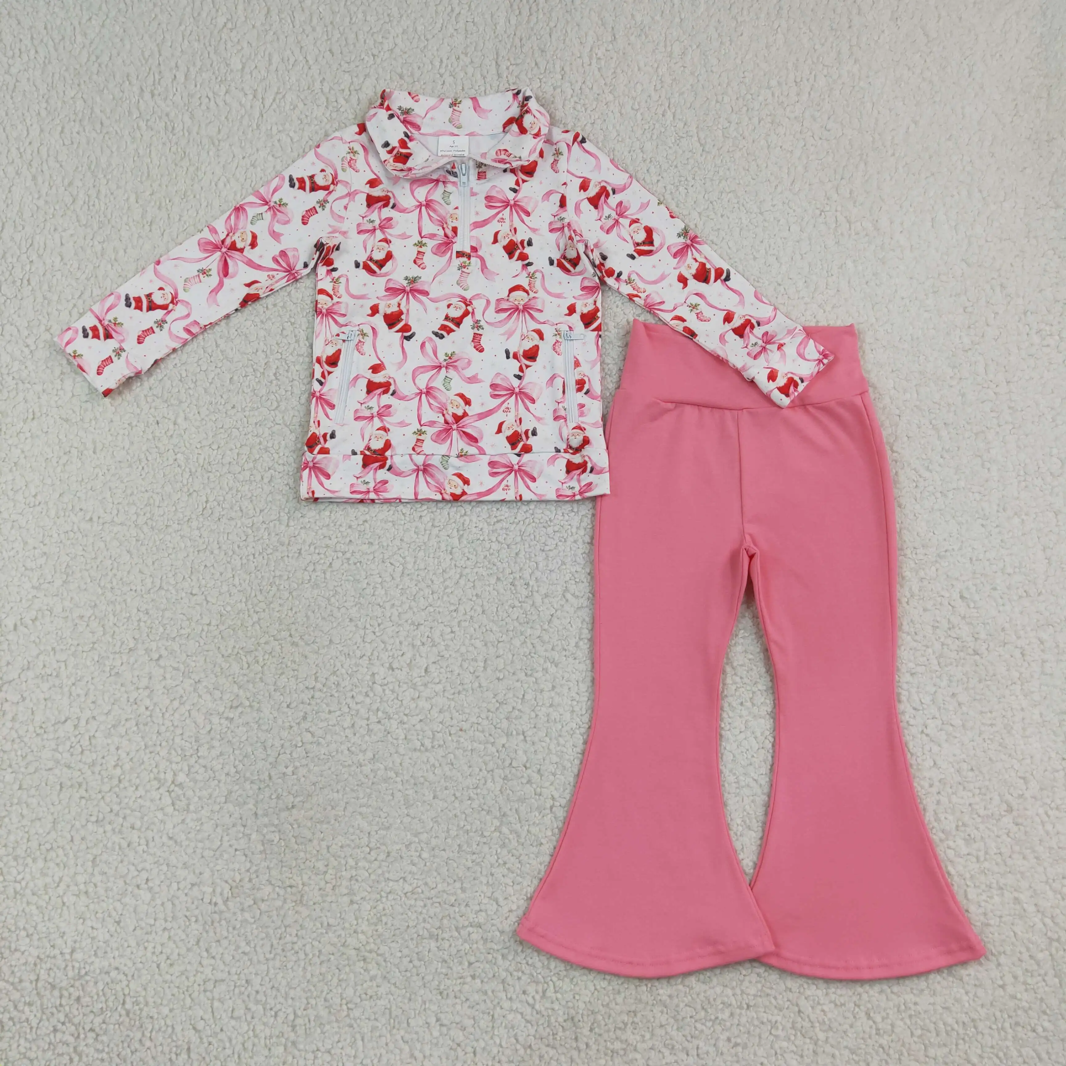 Wholesale Toddler Kids Set Long Sleeve Santa Bows Zipper Pockets Shirt Pants Girls Children Outfit Baby Girl Christmas Clothing