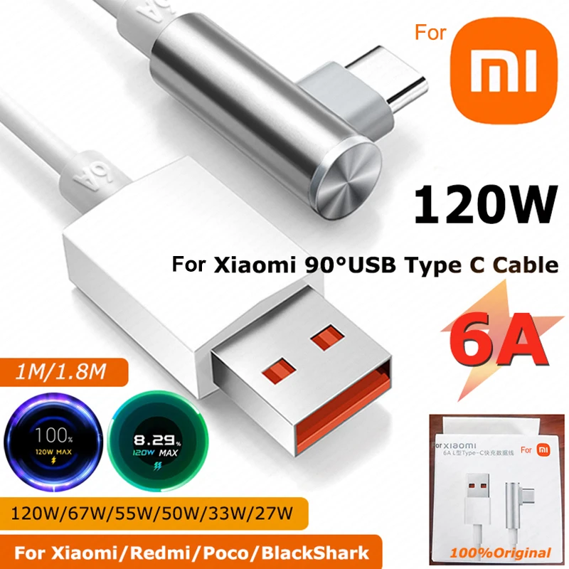 Xiaomi 120W 67W Fast Charging 90 Degree Game Usb Type C Cable Mi 14 13 Poco F5 x6 Black shark 5 4 Redmi Note 13 12 Charger Cable