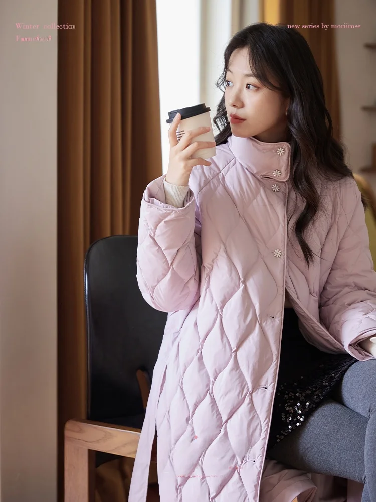 

Moriirose Women's Quilted down Jaet Purple Stand Collar Flower Button Rhombus Pattern Loose Fit Mid-Length Vintage Sle