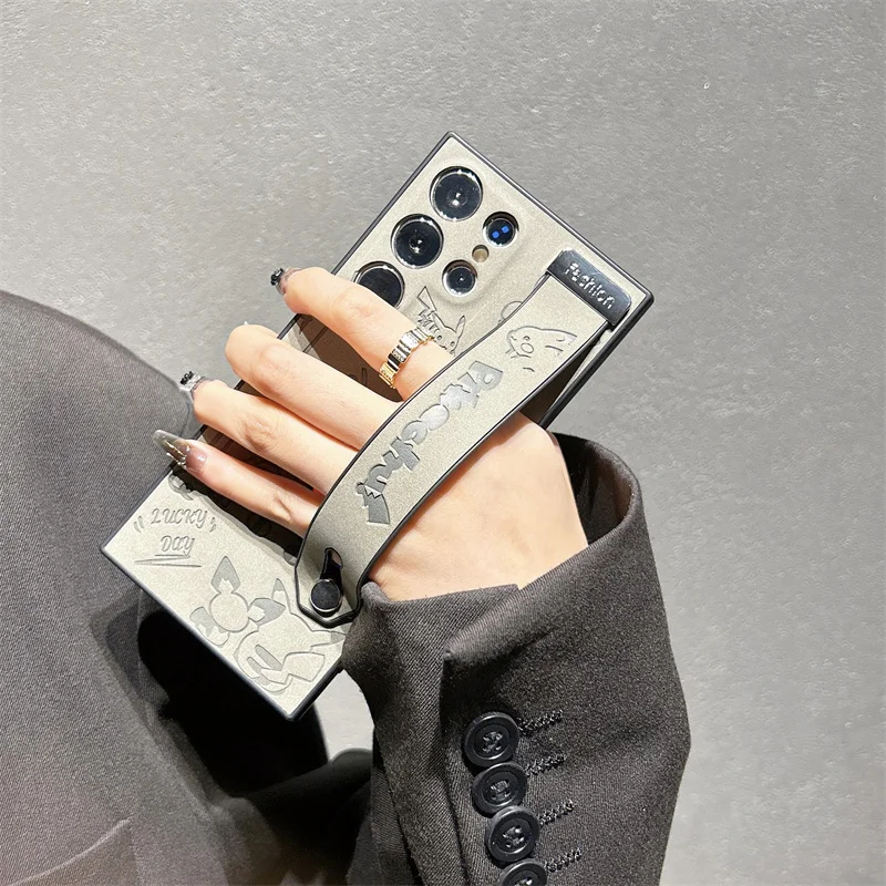 일본 애니메이션 귀여운 P-포켓몬 레이저 손목 스트랩 거치대 모피 방지 케이스, 삼성 S22 S23 S24 울트라 S25 P-포켓몬 스웨이드 가죽