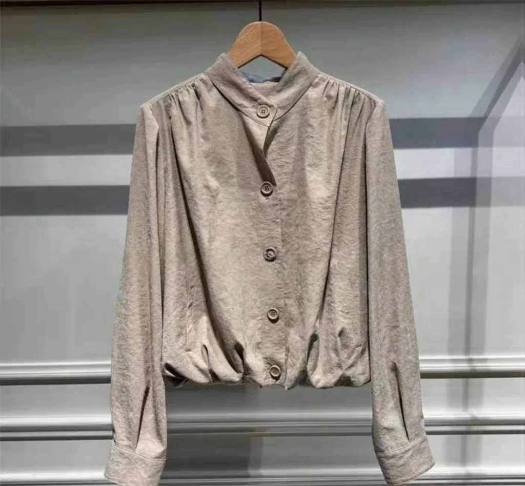 

Casual Faionable Stand Collar Button up Thin Lightweight Loose Fit Jaet irt Spring Summer SSLEY Korean Single Brand