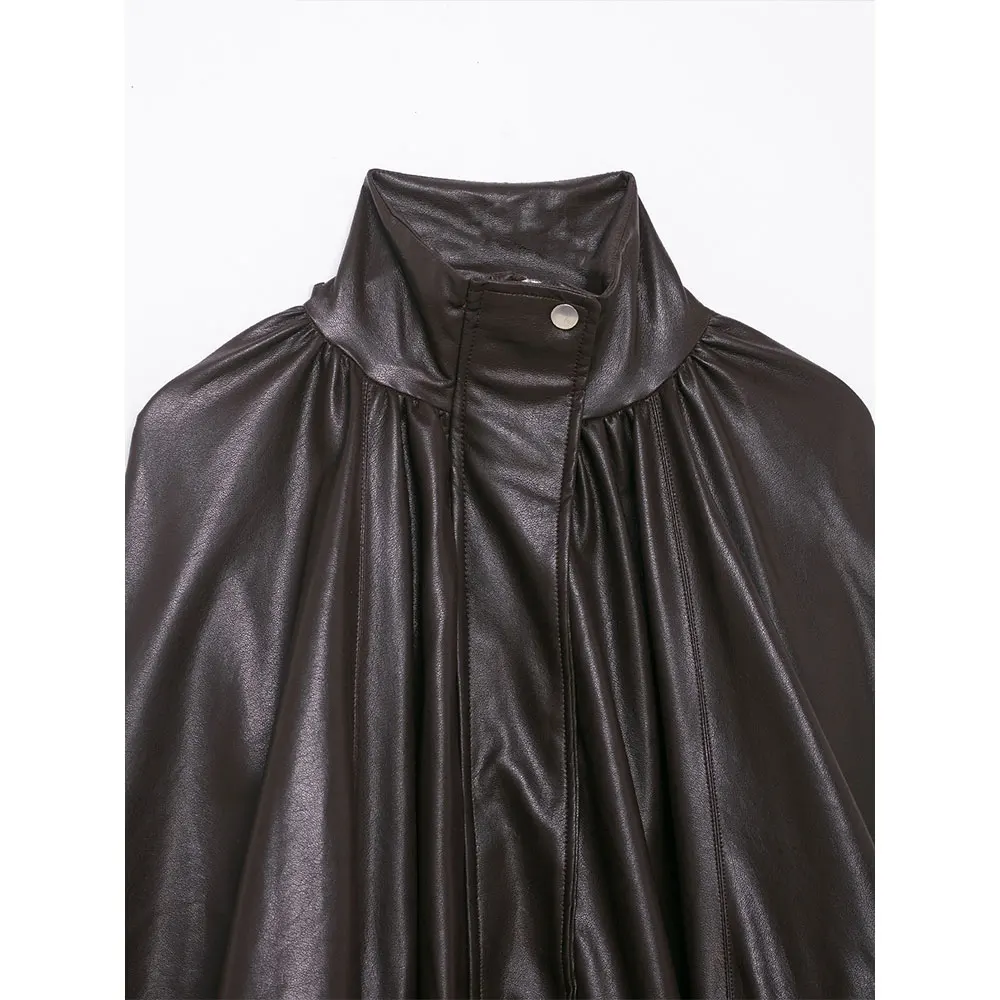 เสื้อแจ็คเก็ตบอมเบอร์ผู้หญิงแฟชั่น PU สีน้ำตาล จีบระบาย คอสูง แขนยาว สไตล์ลำลอง สวยสง่า ทันสมัย