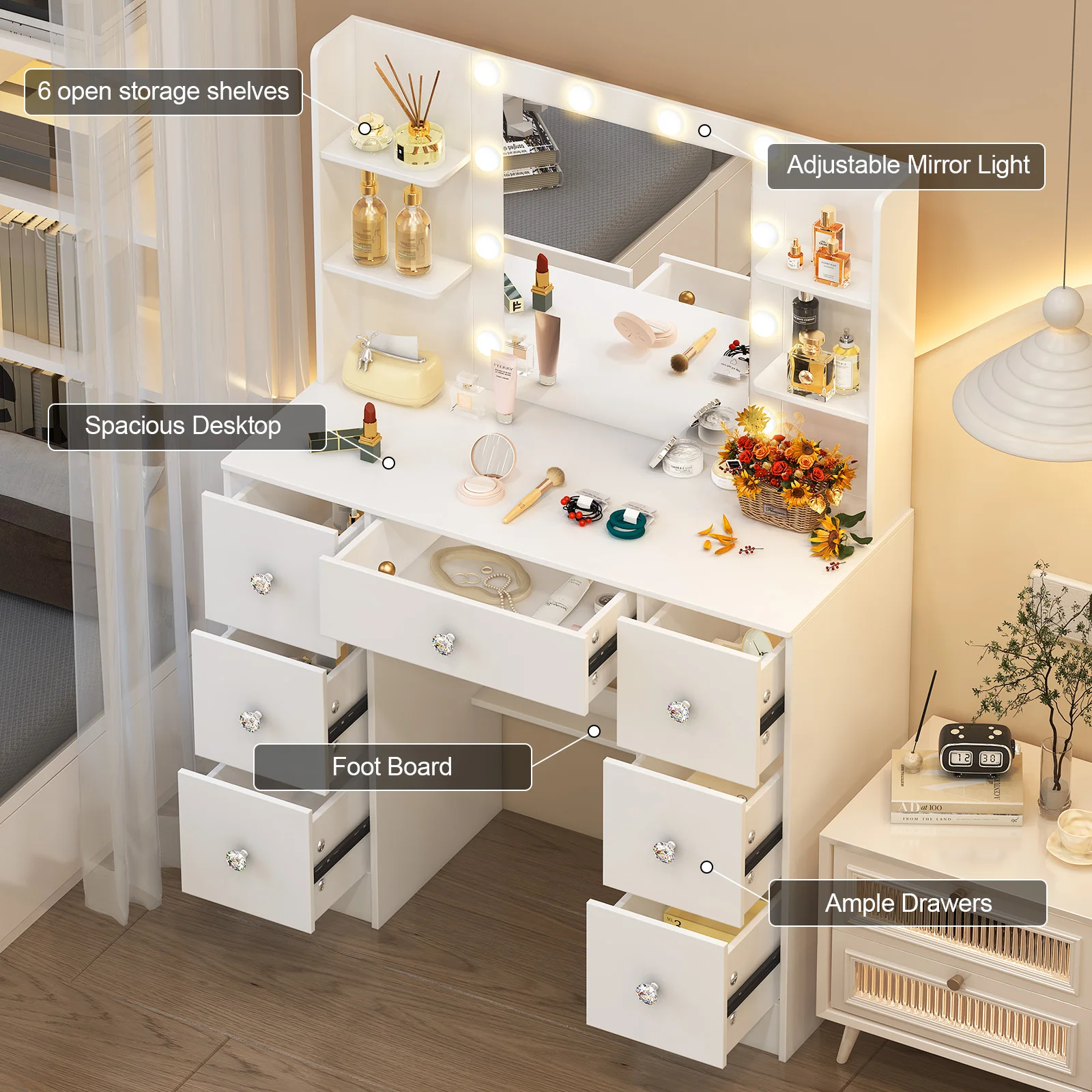 طاولة زينة خشبية معاصرة مع مرآة مضيئة - 3 أوضاع قابلة للتعتيم وأدراج وتخزين