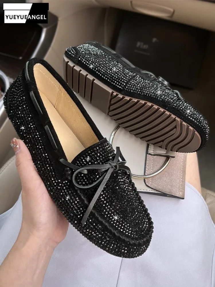 

Women Diamond Black Genuine Leather Flats Sheep Suede Soft Soled Shoes Spring Autumn Sweet Bowknot Slip-On Round Toe Footwear