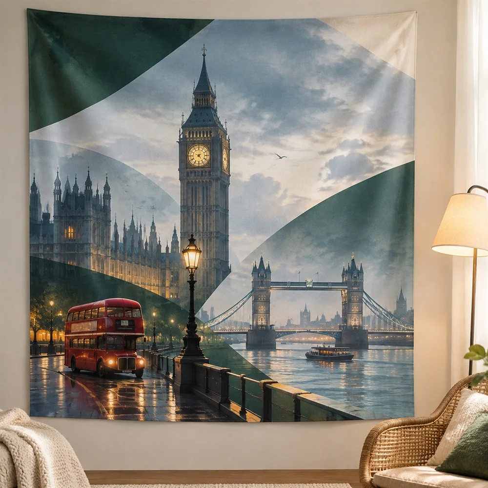 VIKAMA London Landmarks Tapestry Wall Hanging, City Scene British Aesthetic Room Decor Tapestries for Living Room Study Bedroom
