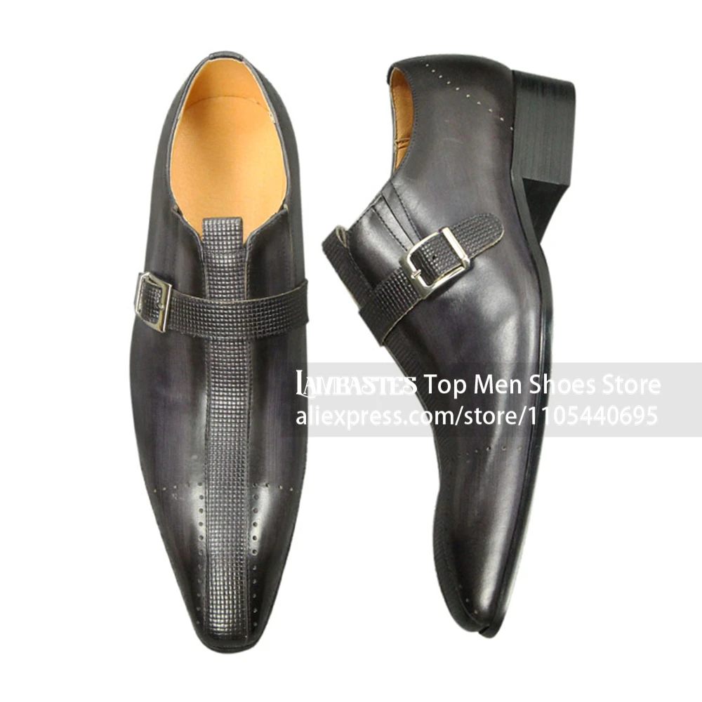 Dark Gray Monk Strap Dress Shoes Embossed Panel Pointed Toe Formal Leather Men Shoes Brogue Perforated Strap Business Monk Shoes