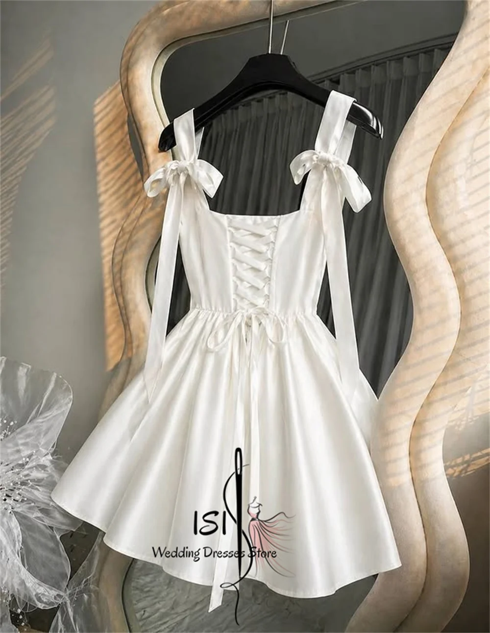 ISI Charming Short Corset Wedding Dress Square Collar A-Line Bows Bridal Gown Above Knee Mini Length Various Colors Customized