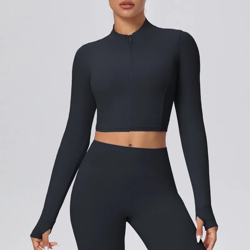 

Женское пальто для йоги, однотонная куртка на молнии с начесом, короткая куртка с длинными рукавами, одежда для йоги, спортивная куртка для бега, тренировок в тренажерном зале, фитнесе, йоги