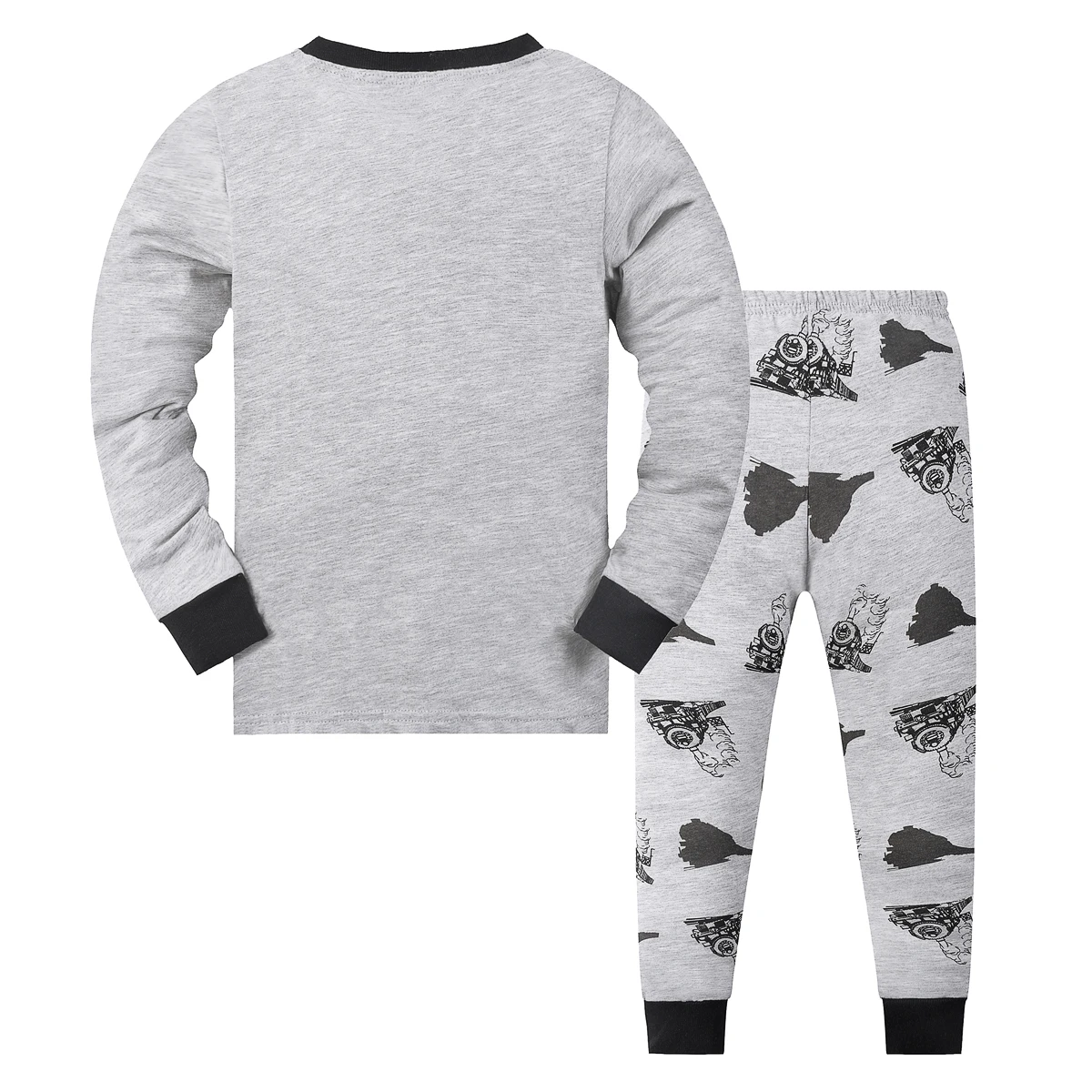 Train cartoon printed long-sleeved and long pants pajama set for boys, suitable for boys aged 2 to 9
