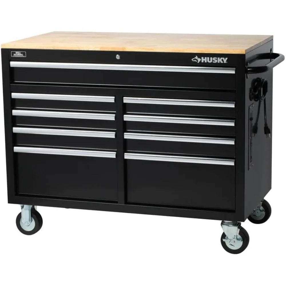 Workbench, Extra Deep 46 in. 9-Drawer Mobile, Wood, Black, 200 lb Load Capacity