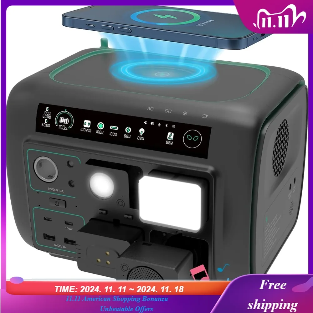 

Портативная электростанция, уличный солнечный генератор емкостью 512 Втч со съемными модулями — 3 розетки переменного тока, 10 выходных портов, мощность 800 Вт