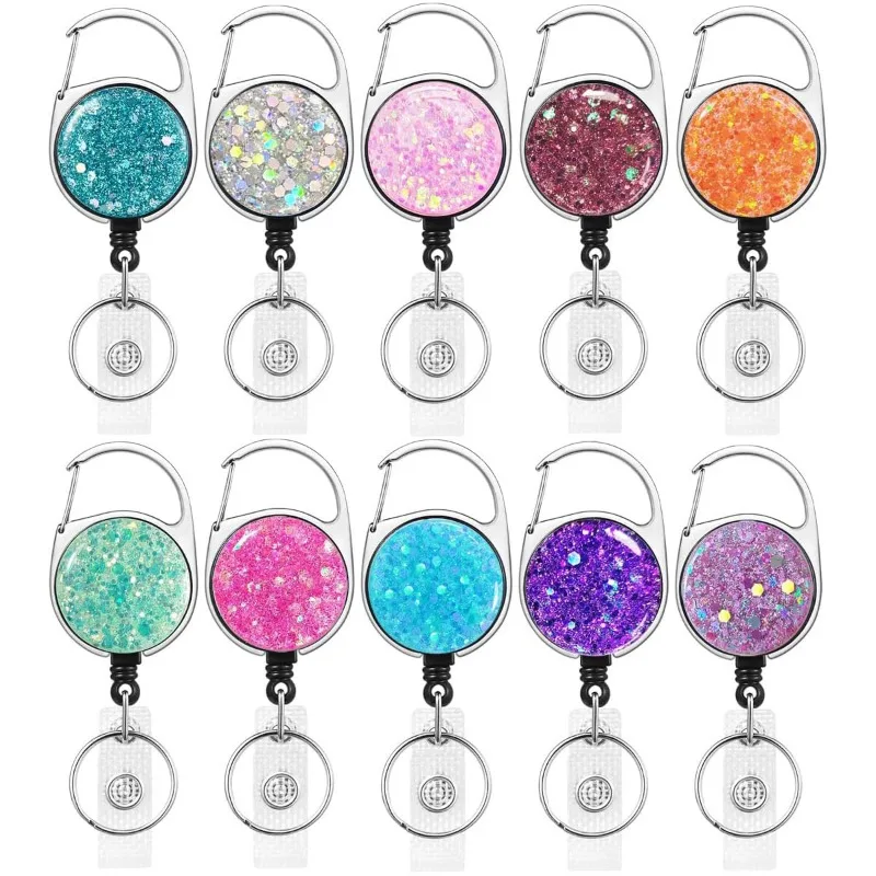 

Resin Retractable Badge Reel with Glitter Sparkly ID Card Holder Reel Epoxy Dome Keychain for Women Bling Lanyard Accessory