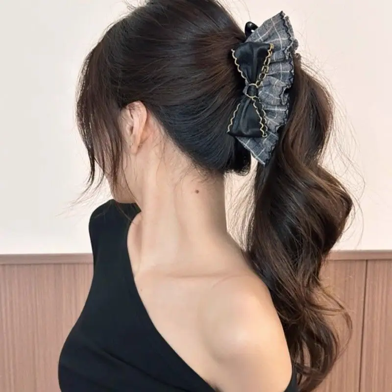 1pc Early Autumn Retro Skirt Bow Hair Clip Academic Style High Ponytail Banana Clip Hair Accessory