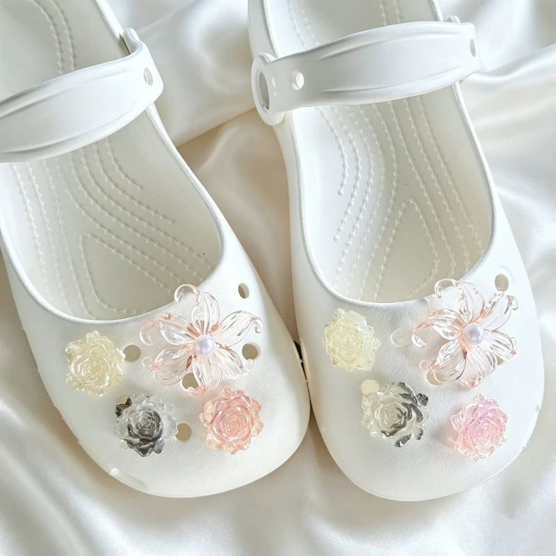 DIY Clogs Sandals Garden Shoe Decor Transparent Iris Camellia Glitter Holographic Gradient Rose Flower Shoe Charms Accessories
