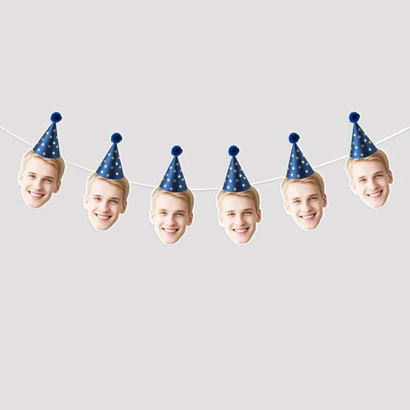Custom Navy Blue Gold Polka Dot Party Hat Face Banner Personalized Photo Customizable Birthday Kids Party Hanging Decor  ﻿