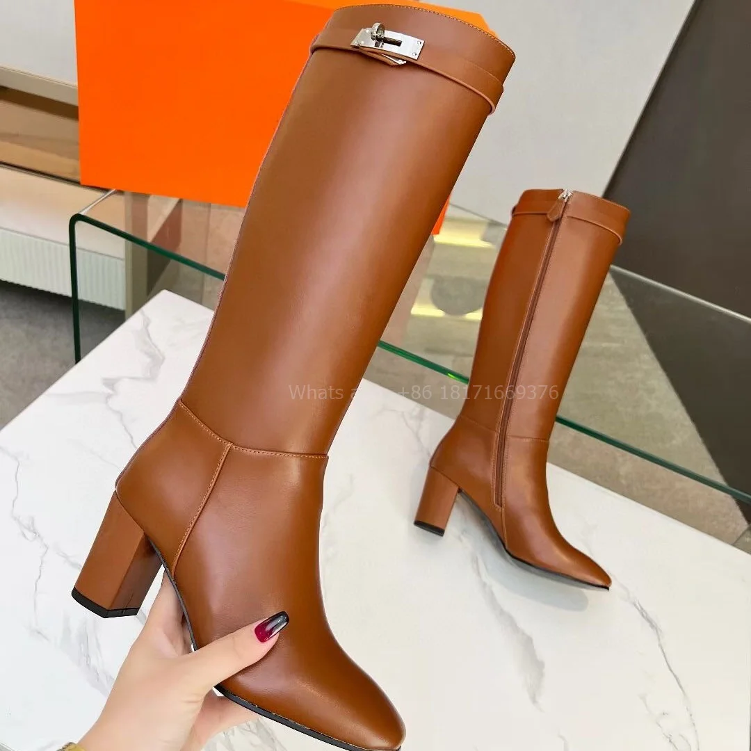 

Buckle Luxury Leather Chunky High Heel Boots Lady Zip Round Toe Knee High Boots Orange Fall 2024 Dress Fashion Shoes