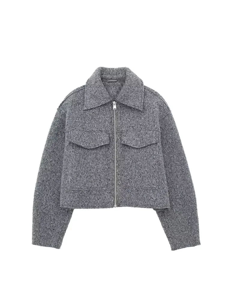 2024 Autumn Women's Cropped Jacket OuterwearLong Sleeve With Pocket Zipper Faux Fur Coat Fashion Women's Clothing