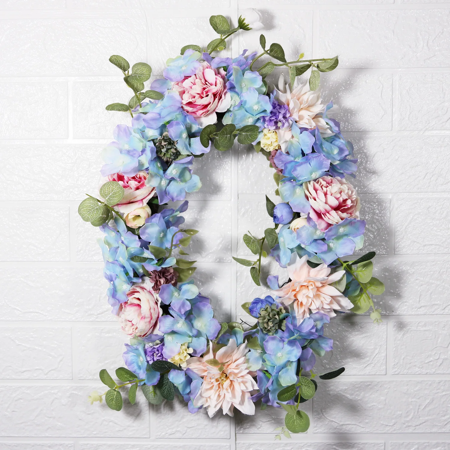 

Four Seasons Simulation Hydrangea Oval Wreath Peony Flowers Eucalyptus Leaves Wreath Front Door Wall Hanging Decoration