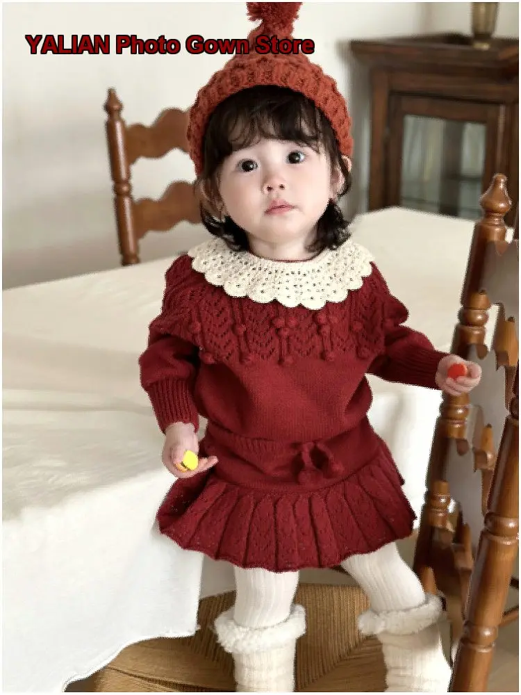 Girls Two-Piece Set Toddler Spring Stylish Red Birthday Dress for First Birthday Photos Kids