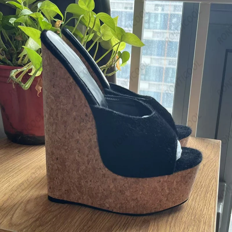 Ronticool اليدوية المرأة الأسود المهر الشعر البغل أسافين مع منصة الفلين جولة تو حذاء كاجوال أسود الولايات المتحدة حجم كبير 4-15