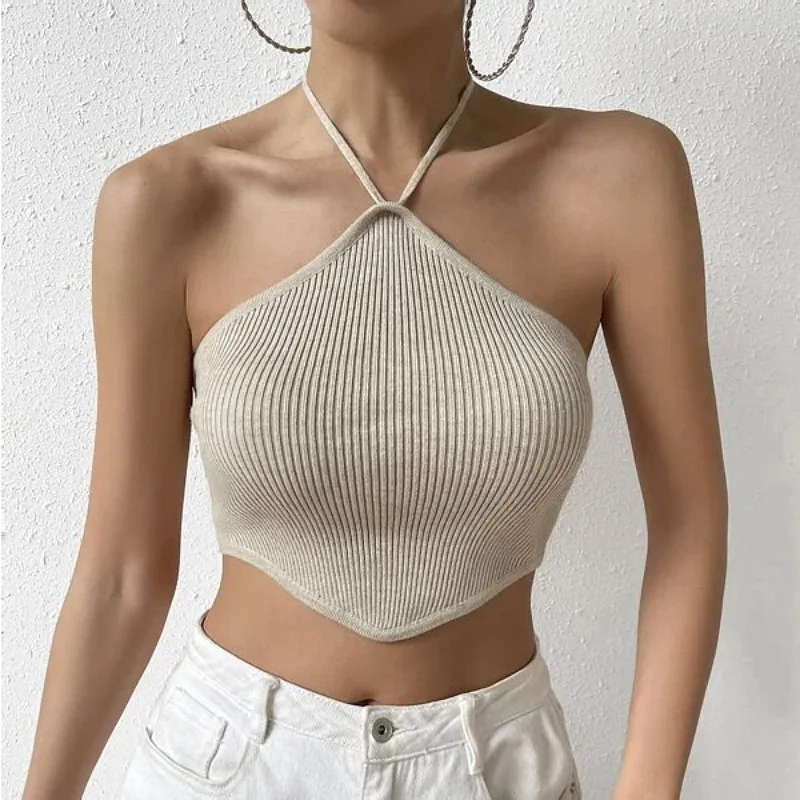 Sexy Halter Crop Top Solid Strap Bra Short Open Back Hanging Neck Tie Up Knitted Tank Top for Women Fashion Summer Y2K Outfits