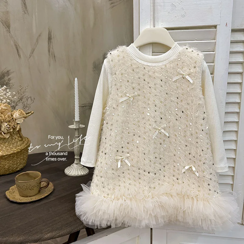 Girls Dress 2025 Autumn New Small Fragrant Style Set Butterfly Bow Sequin Tank Top Dress Baby Girl Birthday Dress