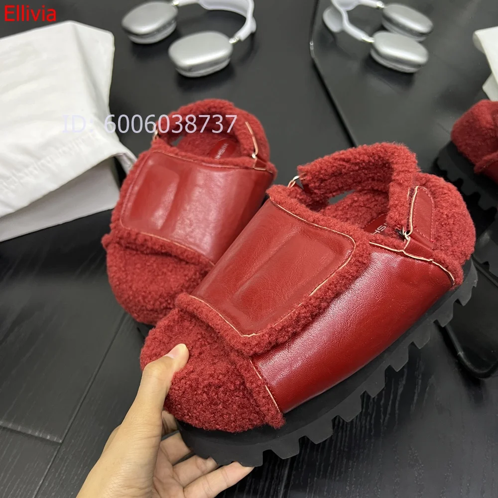 Women Furry Platform Mules Leather Plush Lined Adjustable Strap Thick Serrated Sole Winter Warm Slip On Closed Street Fashion