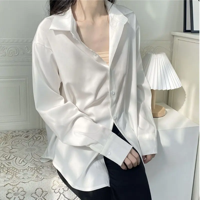 Fashion White Simplicity Shirt Tops Spring Autumn New Polo Neck Long Sleeve Loose Solid Blouse Sweet Elegant Women Clothing