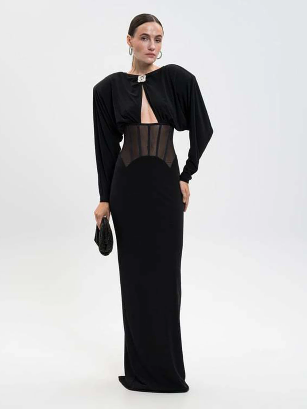 فستان نسائي أوروبي وأمريكي بكتف أسود على شكل هيكل السمكة وزر ماسي ورقبة دائرية فساتين سهرة أنيقة بفتحة #5