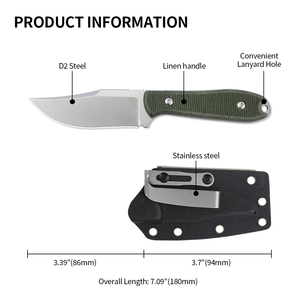 D2 Camping Fixed Blade Knife Outdoor Wilderness Survival Hunting Knives EDC Defense Multipurpose Tool with Kydex sheath knife