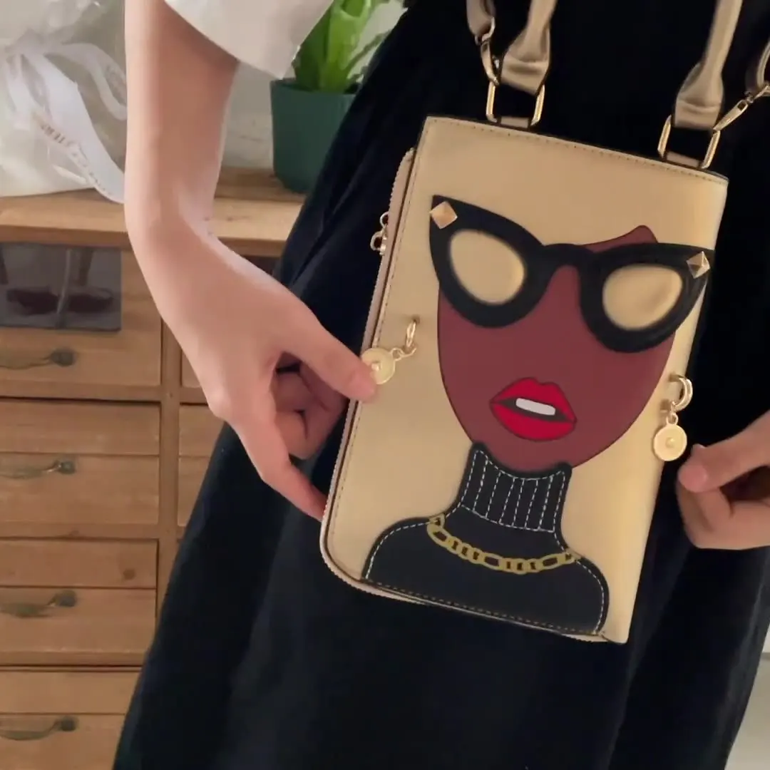 Fashion Women's PU Leather Chest Sling Bag Creative Spoof Fun Sunglasses Beauties Shoulder Bag Crossbody Bag Purses and Handbags