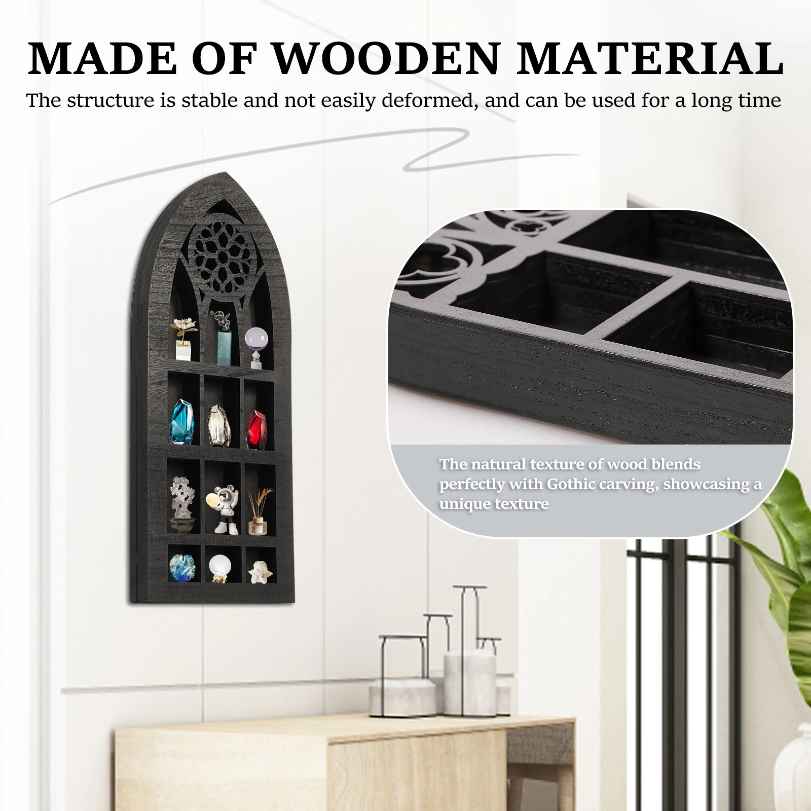 3-in-1 Gothic Window Crystal Shelf Wooden Wall Mounted Gem Stone Display Rack Essential Oil Storage Holder for Home Living Room