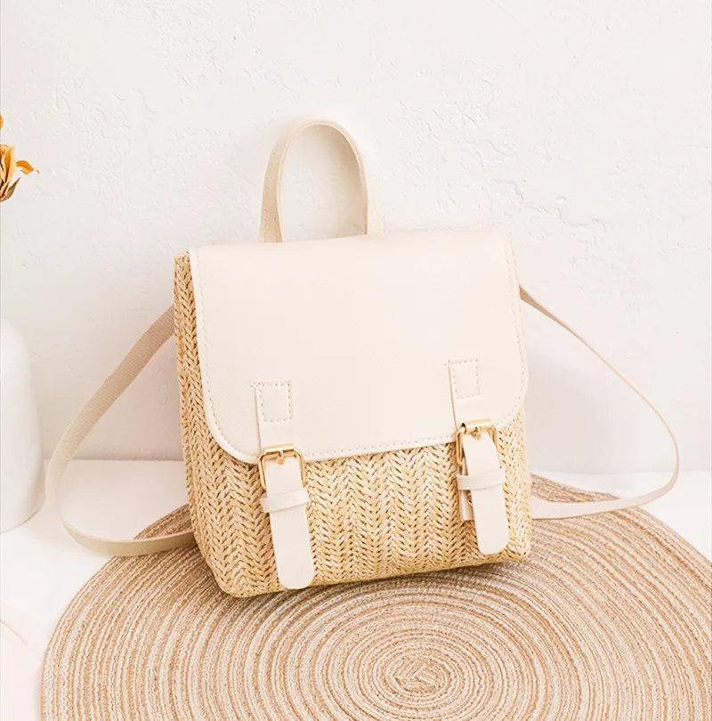 Vintage Straw Backpack Women\'s Fashion Shoulder Bag Versatile Straw Woven PU Leather Elegant Luxury Designer Small Backpack 2023