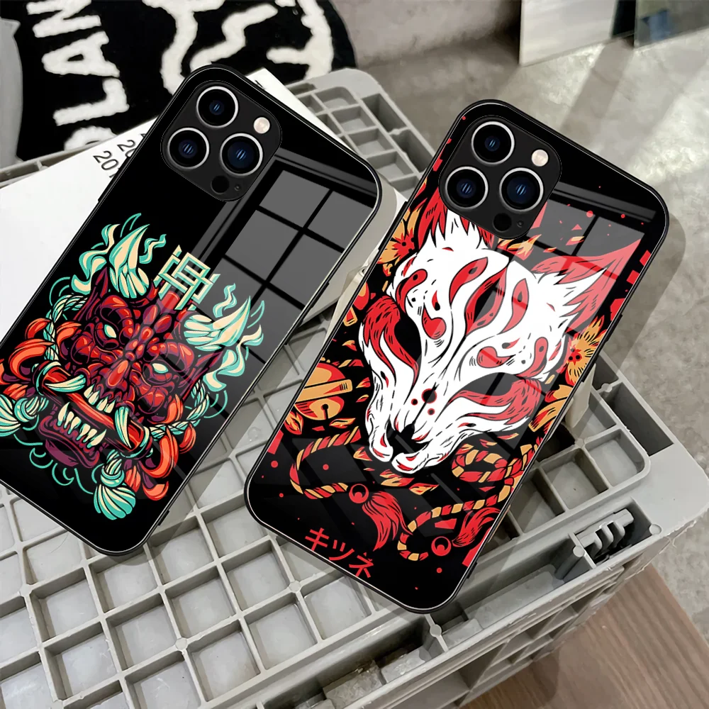 Japanese Oni Hannya Samurai Demon Mask Phone Case 2023 For IPhone 15 14 Pro 13 11 12 XR XS MAX 7/8 X Plus 13 Black Glass Covers