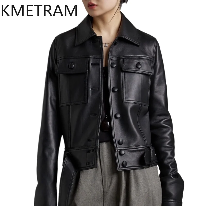 KMETRAM Cappotti di pelle di pecora naturale al 100% per donna con cintura regolabile Giacca corta nera in vera pelle 2025 Autunno ropa mujer
