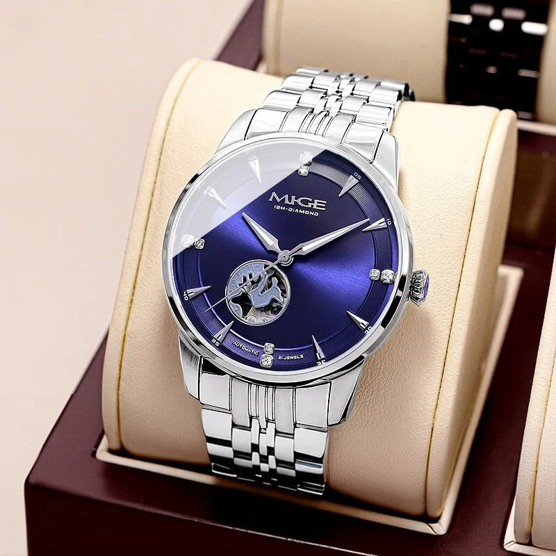 MIGE Couple Automatic Mechanical Watch Two Tone Steel Band Diamond Inlaid Bezel Hollow Dial Luxury Business Men Women Wristwatch
