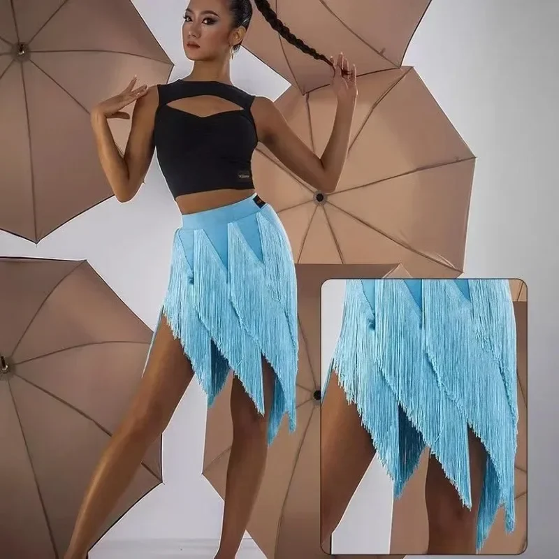 

Women Latin Dance Skirt Sexy Samba Tango Layers Tassels Fringes Dresses Competition Performamnce Lady Latin Costume