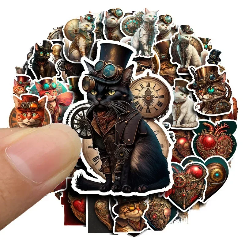 50Pcs Steam Punk Cat Retro Style Hand Net Material Stickers Luggage Case Computer Decal Room Decorative Prop Funny Toy