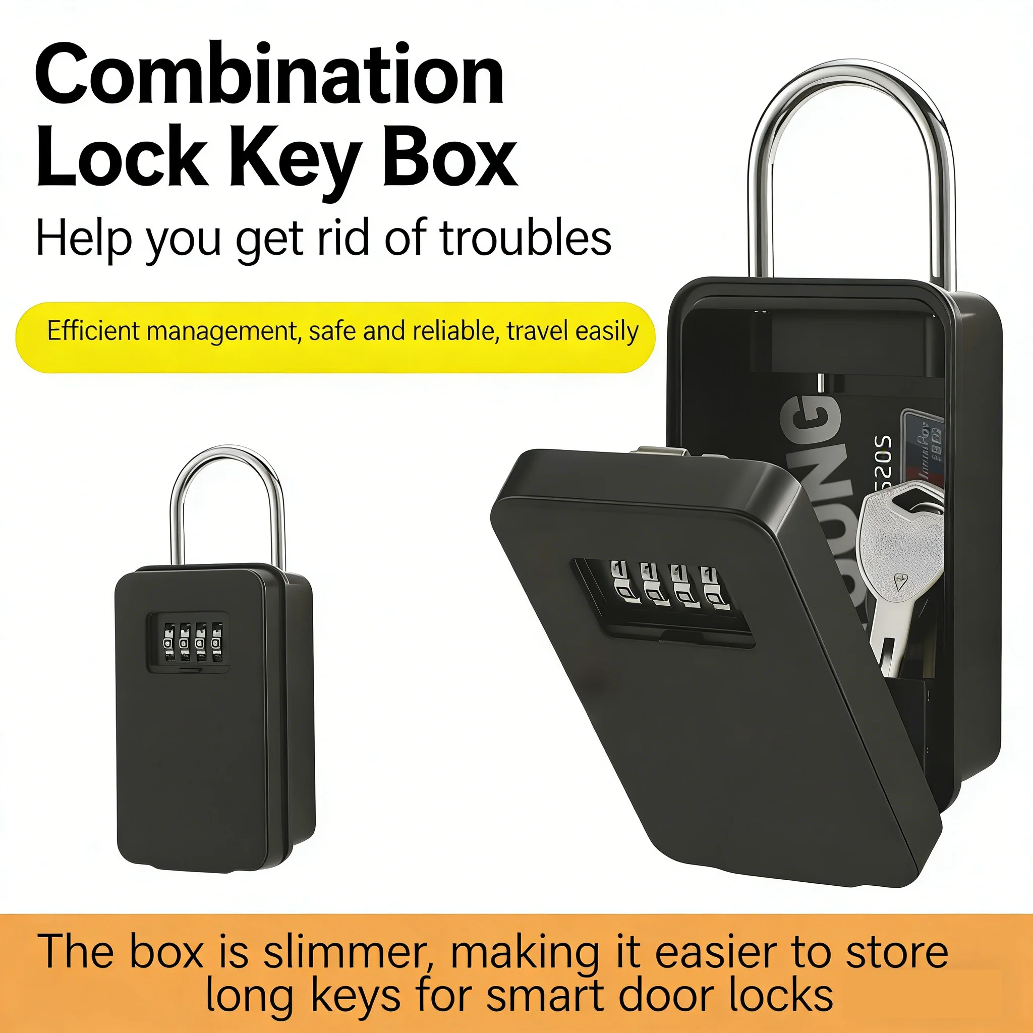 Key Lock Box Portable with Cable Shackle Wall Mount Waterproof Heavy Duty Metal Lock Box for Keys with 4-Digit Combination Code