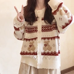 Japanese Kawaii Lolita Knitted Cardigan Women Sweet Cartoon Bear Jacquard Hoollow Out Sweater Autumn Vintage Loose Knitwear Coat