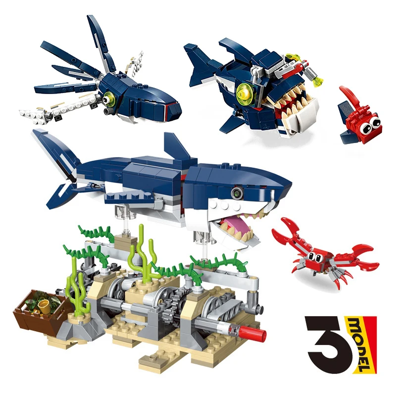 388PCS Creative Marine Animal Series 3in1 Shark Building Blocks 31088 Squid Crab DIY Model Bricks Toys Gift For Children Boy Kid